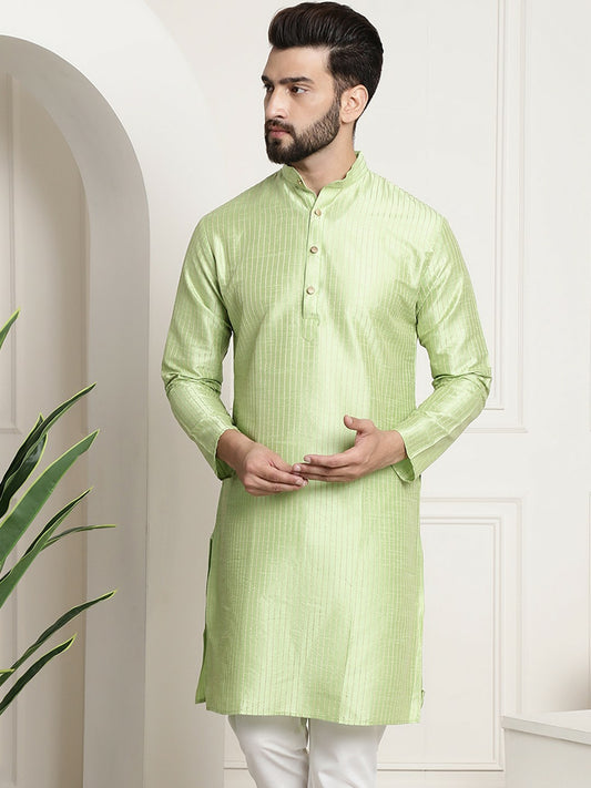 Green & Golden Woven Jacquard Silk Kurta for Men – Mandarin Collar, Straight Cut, Knee Length | Indiaista