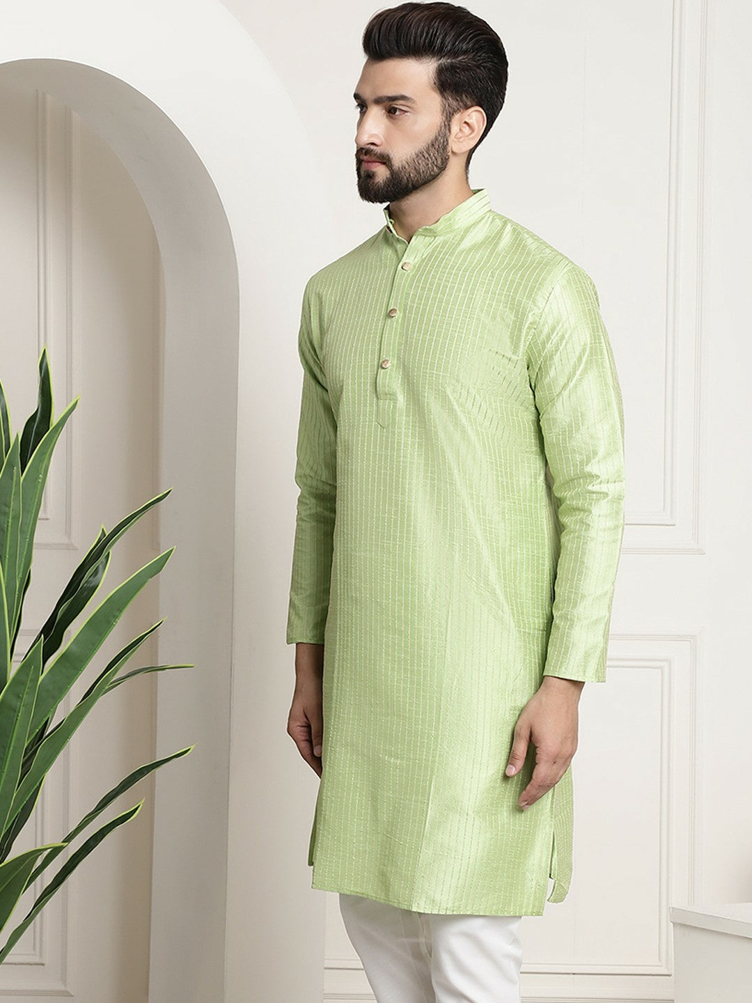 Green & Golden Woven Jacquard Silk Kurta for Men – Mandarin Collar, Straight Cut, Knee Length | Indiaista