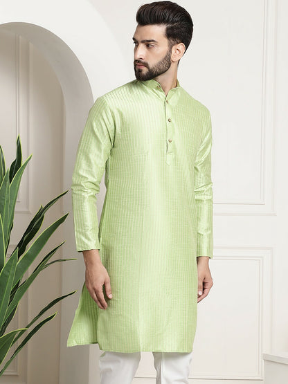 Green & Golden Woven Jacquard Silk Kurta for Men – Mandarin Collar, Straight Cut, Knee Length | Indiaista