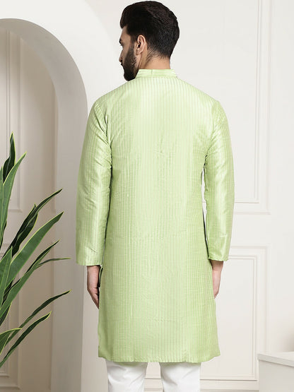 Green & Golden Woven Jacquard Silk Kurta for Men – Mandarin Collar, Straight Cut, Knee Length | Indiaista