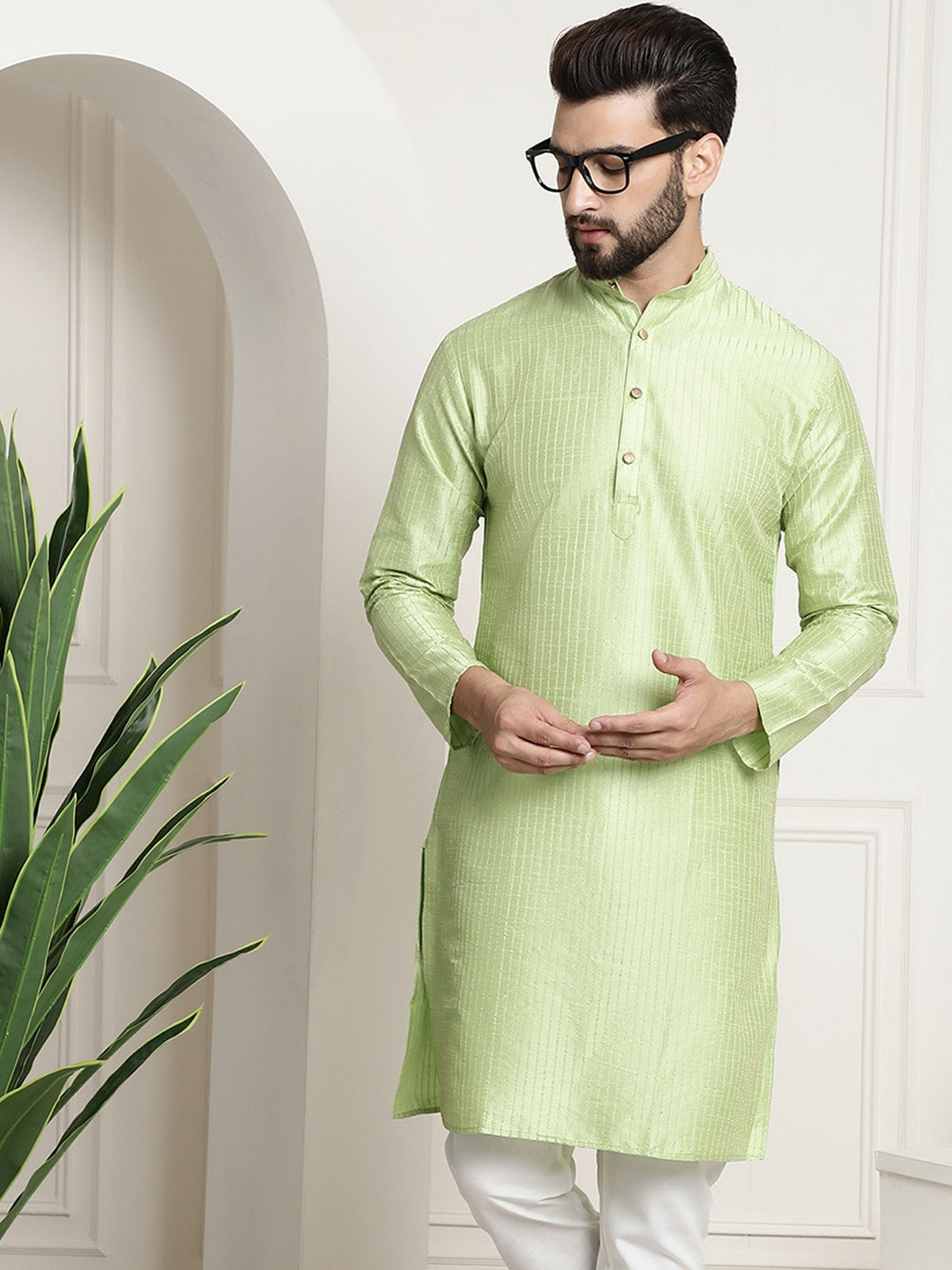 Green & Golden Woven Jacquard Silk Kurta for Men – Mandarin Collar, Straight Cut, Knee Length | Indiaista