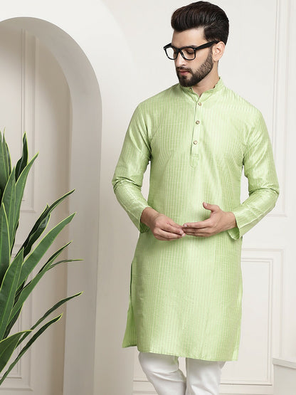 Green & Golden Woven Jacquard Silk Kurta for Men – Mandarin Collar, Straight Cut, Knee Length | Indiaista