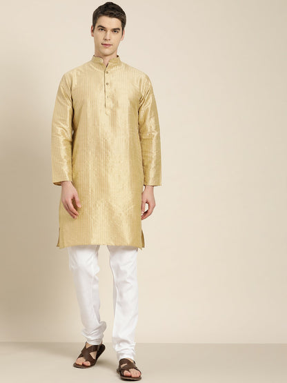 Men's Gold-Toned Jacquard Silk Kurta – Mandarin Collar, Woven Design, Knee Length | Indiaista