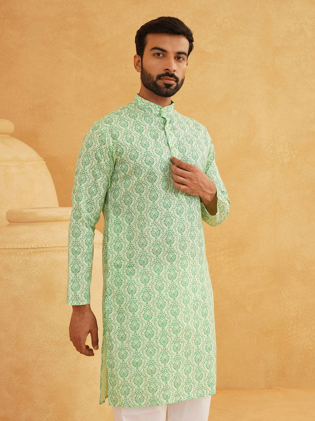 Men's Green & White Ethnic Motifs Printed Cotton Kurta – Mandarin Collar, Knee Length | Indiaista