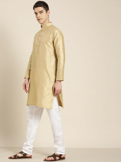 Men's Gold-Toned Jacquard Silk Kurta – Mandarin Collar, Woven Design, Knee Length | Indiaista