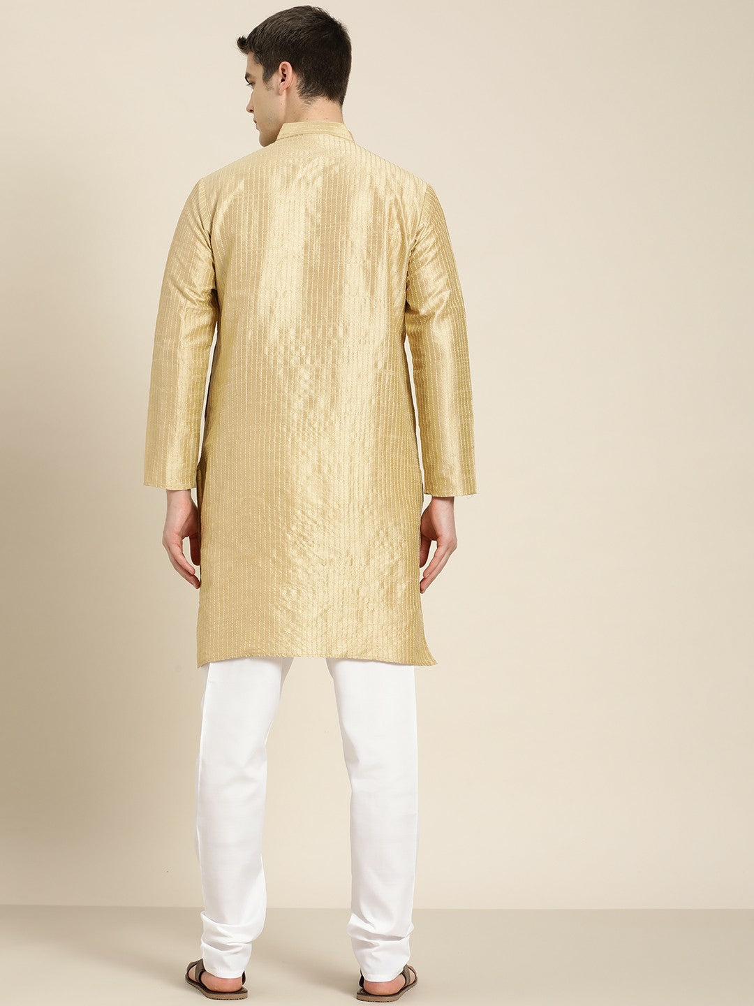 Men's Gold-Toned Jacquard Silk Kurta – Mandarin Collar, Woven Design, Knee Length | Indiaista