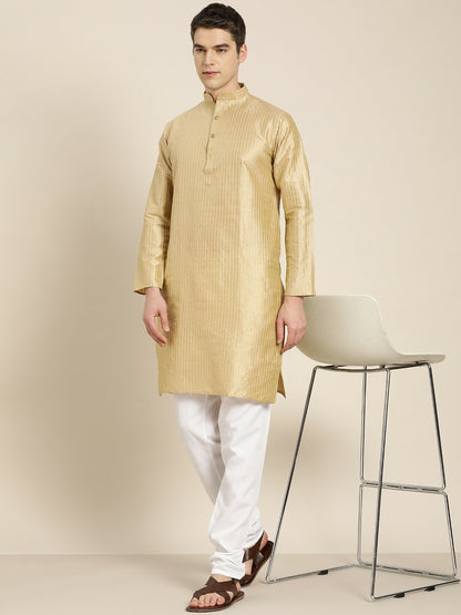 Men's Gold-Toned Jacquard Silk Kurta – Mandarin Collar, Woven Design, Knee Length | Indiaista