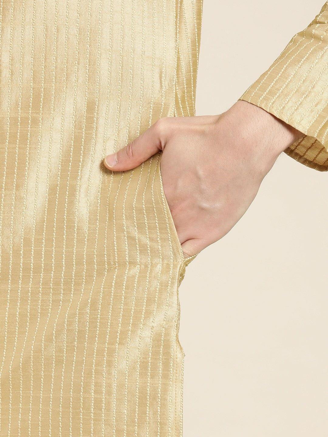 Men's Gold-Toned Jacquard Silk Kurta – Mandarin Collar, Woven Design, Knee Length | Indiaista