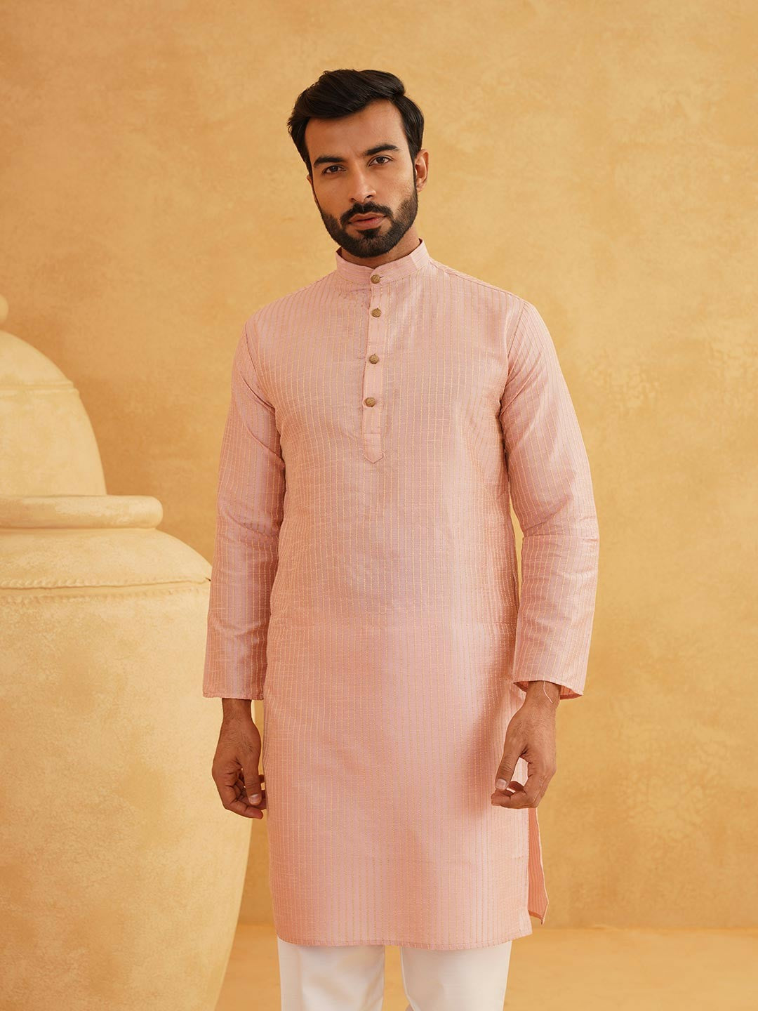 Men's Pink & Golden Woven Jacquard Silk Kurta – Mandarin Collar, Knee-Length, Straight Cut | Indiaista