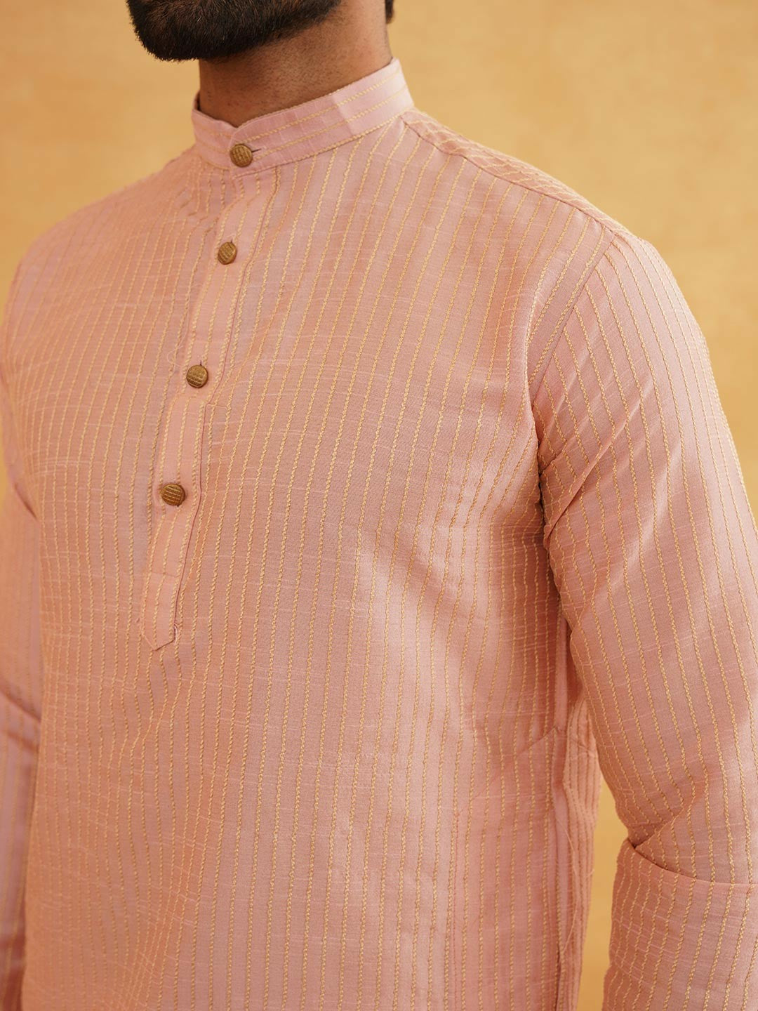 Men's Pink & Golden Woven Jacquard Silk Kurta – Mandarin Collar, Knee-Length, Straight Cut | Indiaista