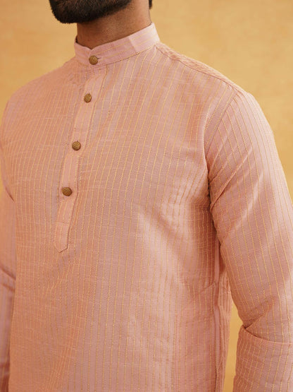 Men's Pink & Golden Woven Jacquard Silk Kurta – Mandarin Collar, Knee-Length, Straight Cut | Indiaista