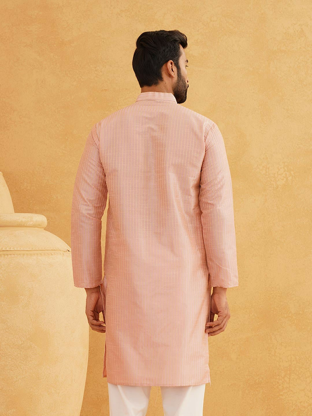 Men's Pink & Golden Woven Jacquard Silk Kurta – Mandarin Collar, Knee-Length, Straight Cut | Indiaista