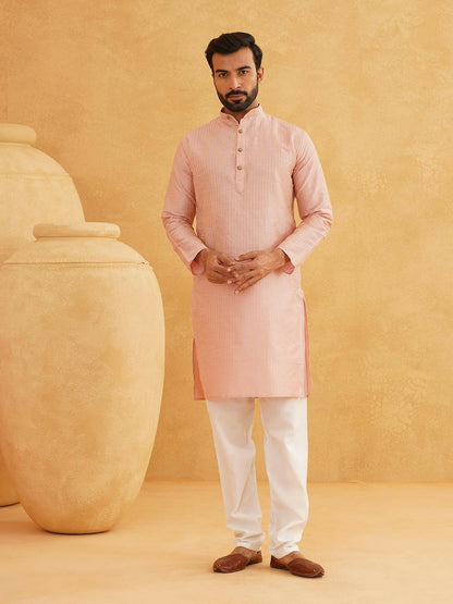 Men's Pink & Golden Woven Jacquard Silk Kurta – Mandarin Collar, Knee-Length, Straight Cut | Indiaista