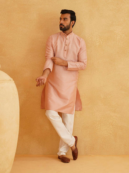 Men's Pink & Golden Woven Jacquard Silk Kurta – Mandarin Collar, Knee-Length, Straight Cut | Indiaista