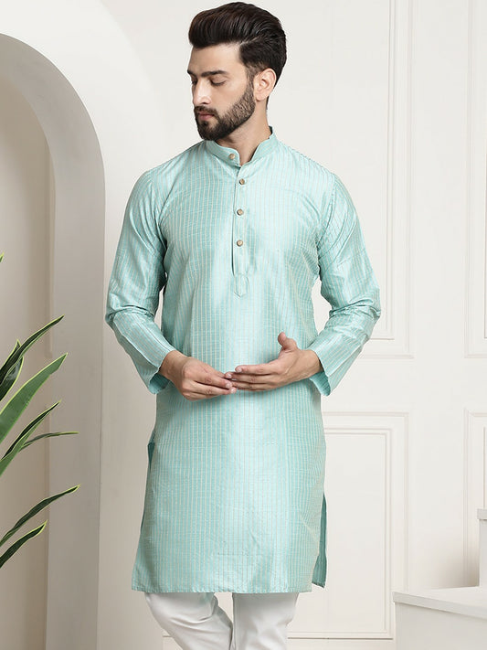 Sea Green & Golden Men’s Jacquard Silk Kurta – Striped Woven Design, Mandarin Collar, Knee Length | Indiaista