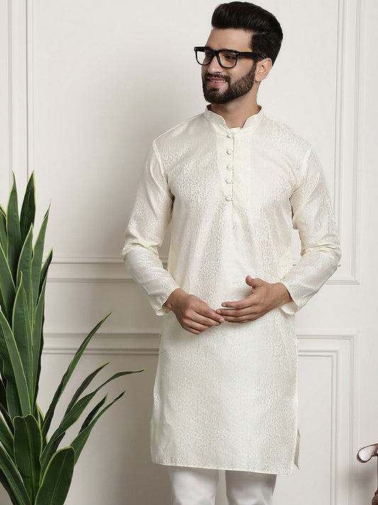 Off-White Men's Ethnic Kurta with Motifs – Mandarin Collar, Long Sleeves, Above Knee Length | Indiaista