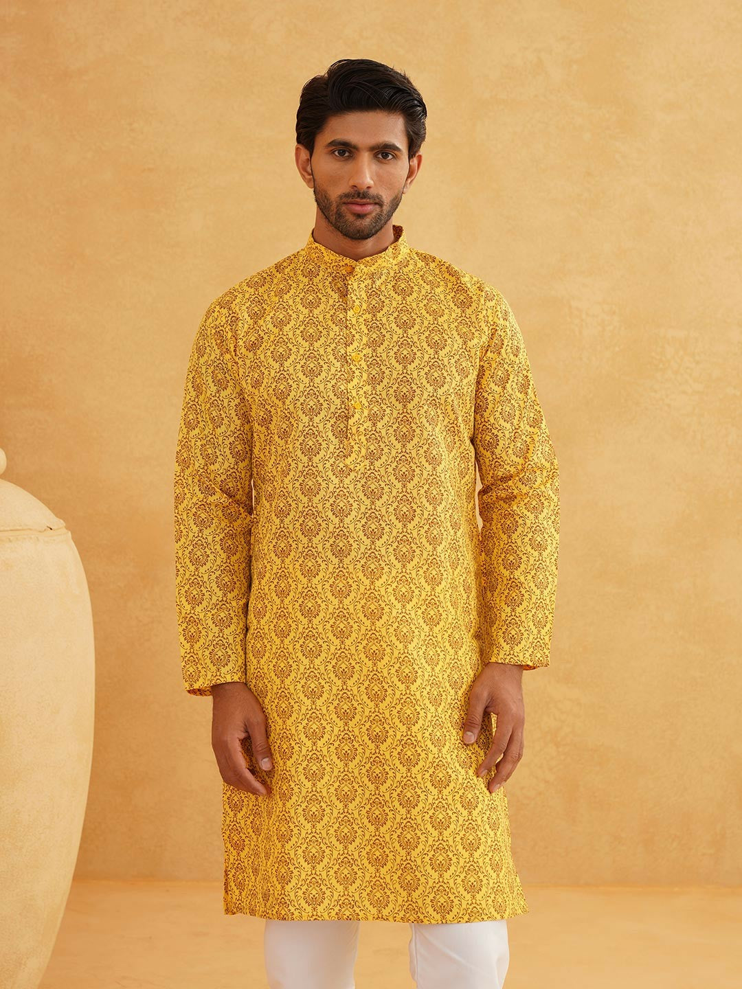 Men’s Mustard Yellow & Brown Ethnic Motifs Printed Kurta – Band Collar, Knee-Length, Cotton | Indiaista