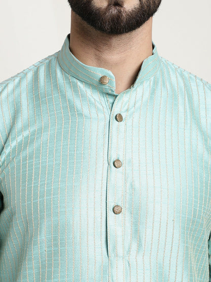 Sea Green & Golden Men’s Jacquard Silk Kurta – Striped Woven Design, Mandarin Collar, Knee Length | Indiaista