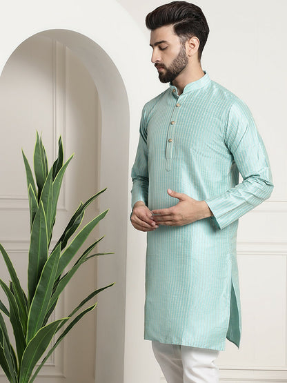 Sea Green & Golden Men’s Jacquard Silk Kurta – Striped Woven Design, Mandarin Collar, Knee Length | Indiaista