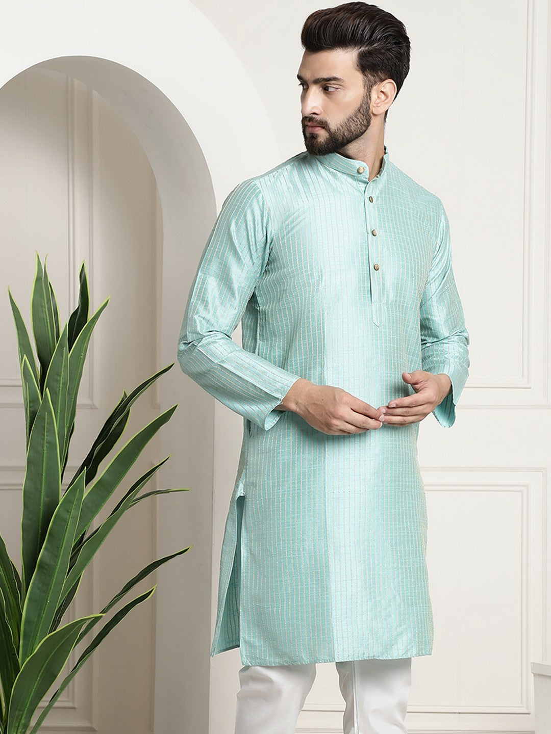 Sea Green & Golden Men’s Jacquard Silk Kurta – Striped Woven Design, Mandarin Collar, Knee Length | Indiaista