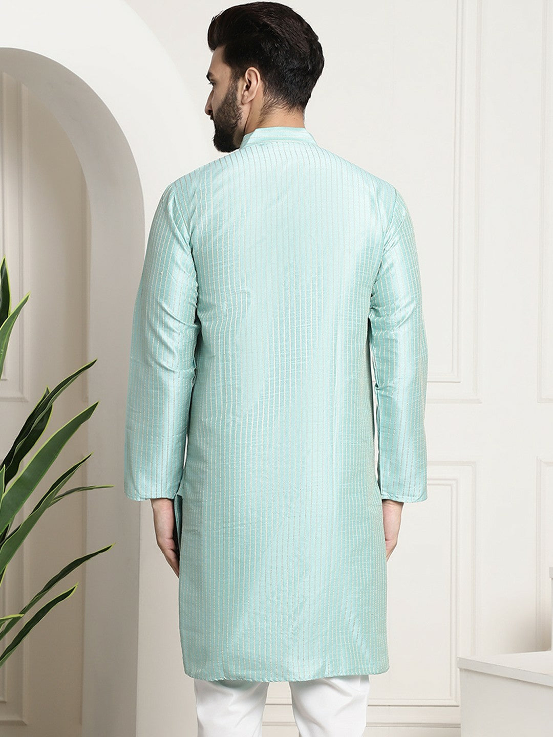 Sea Green & Golden Men’s Jacquard Silk Kurta – Striped Woven Design, Mandarin Collar, Knee Length | Indiaista