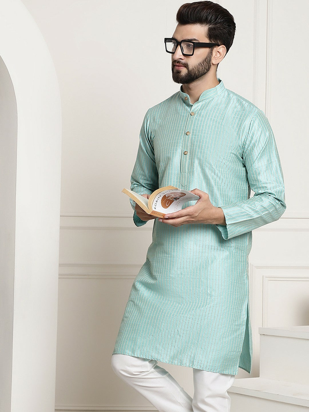 Sea Green & Golden Men’s Jacquard Silk Kurta – Striped Woven Design, Mandarin Collar, Knee Length | Indiaista