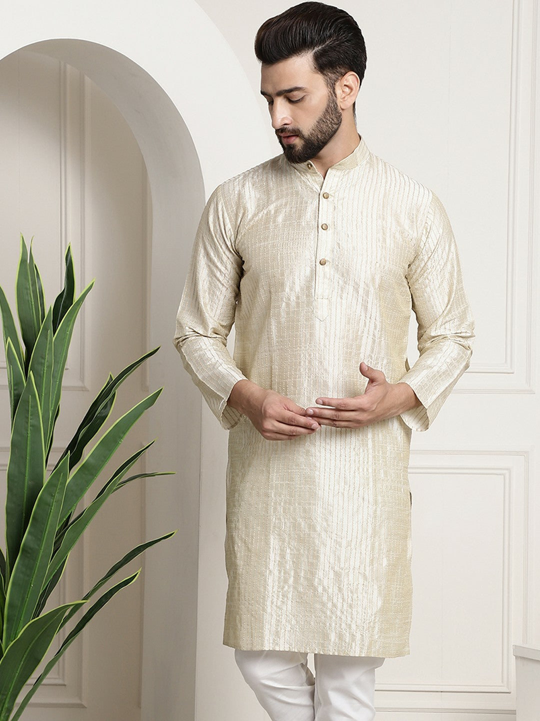 Men's Cream-Coloured Jacquard Silk Kurta – Striped Woven Design, Mandarin Collar, Knee Length | Indiaista