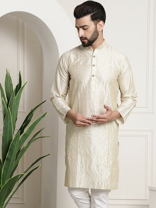 Men's Cream-Coloured Jacquard Silk Kurta – Striped Woven Design, Mandarin Collar, Knee Length | Indiaista