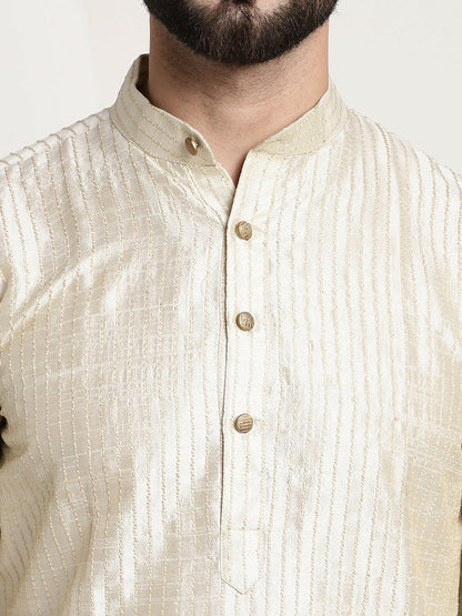 Men's Cream-Coloured Jacquard Silk Kurta – Striped Woven Design, Mandarin Collar, Knee Length | Indiaista