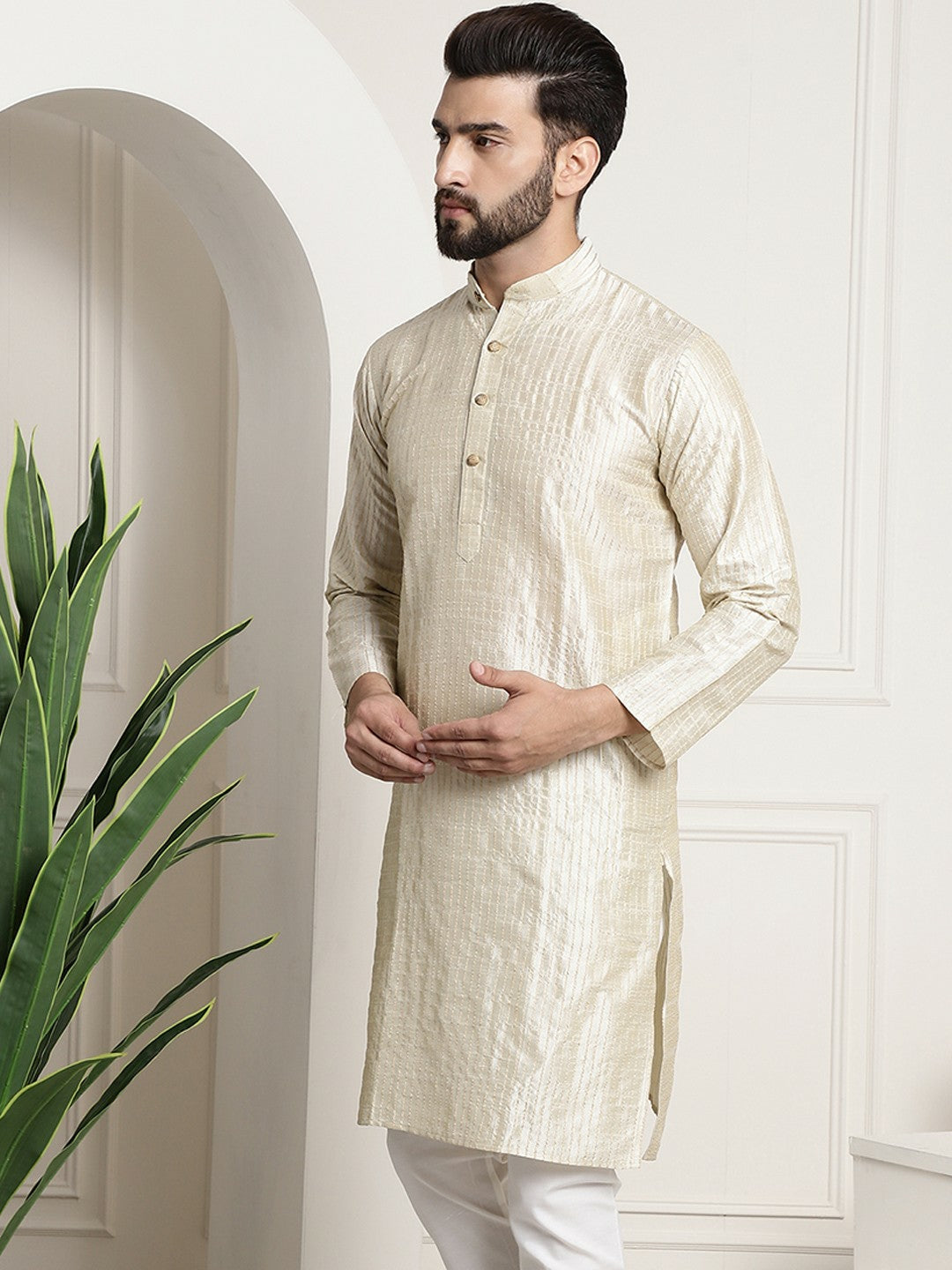 Men's Cream-Coloured Jacquard Silk Kurta – Striped Woven Design, Mandarin Collar, Knee Length | Indiaista