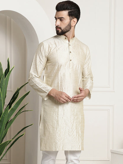 Men's Cream-Coloured Jacquard Silk Kurta – Striped Woven Design, Mandarin Collar, Knee Length | Indiaista