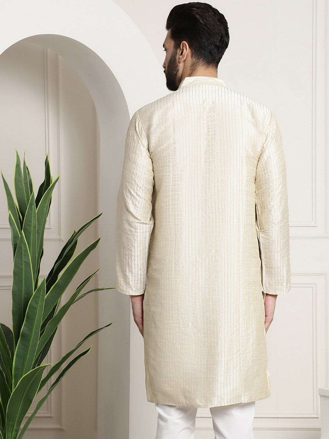 Men's Cream-Coloured Jacquard Silk Kurta – Striped Woven Design, Mandarin Collar, Knee Length | Indiaista