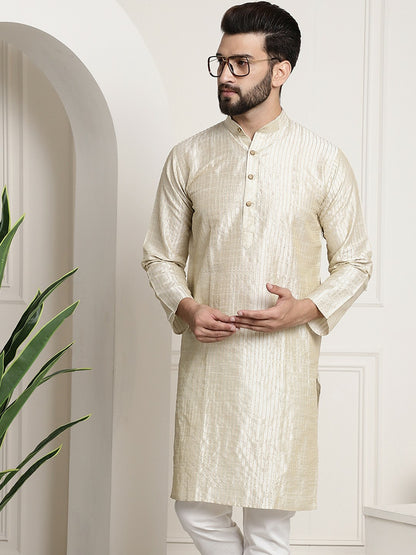 Men's Cream-Coloured Jacquard Silk Kurta – Striped Woven Design, Mandarin Collar, Knee Length | Indiaista