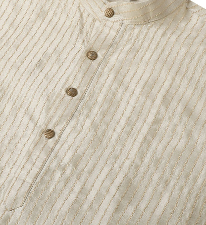 Men's Cream-Coloured Jacquard Silk Kurta – Striped Woven Design, Mandarin Collar, Knee Length | Indiaista