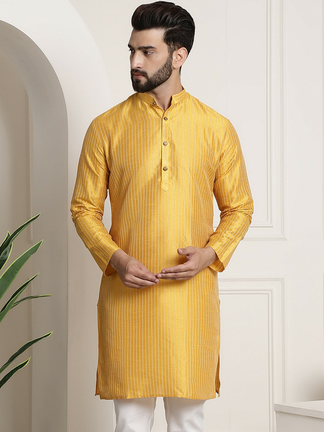 Mustard Yellow & Gold Striped Jacquard Silk Kurta for Men – Band Collar, Knee Length, Regular Fit | Indiaista