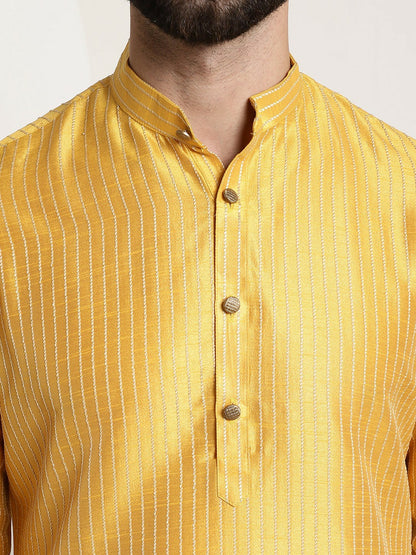 Mustard Yellow & Gold Striped Jacquard Silk Kurta for Men – Band Collar, Knee Length, Regular Fit | Indiaista