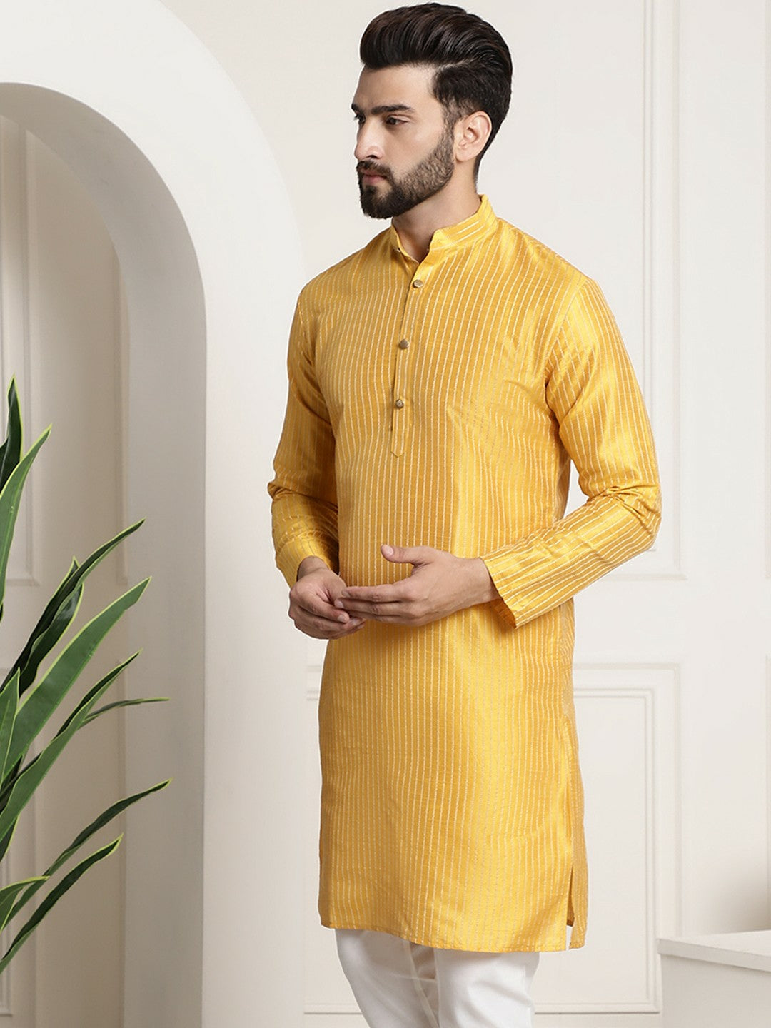 Mustard Yellow & Gold Striped Jacquard Silk Kurta for Men – Band Collar, Knee Length, Regular Fit | Indiaista