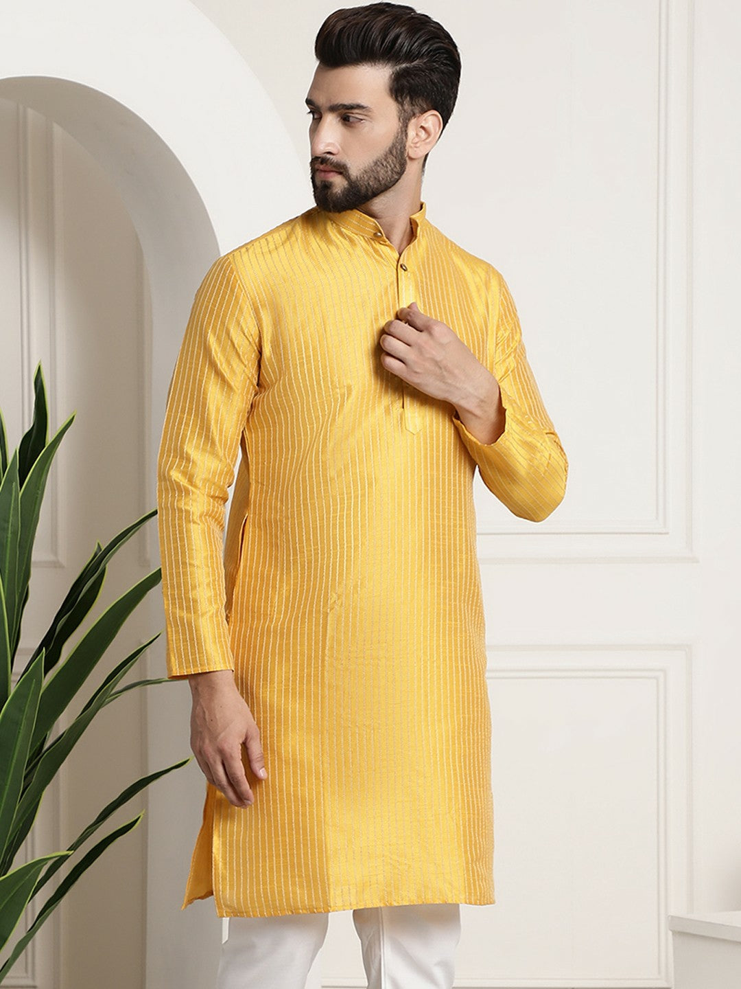 Mustard Yellow & Gold Striped Jacquard Silk Kurta for Men – Band Collar, Knee Length, Regular Fit | Indiaista