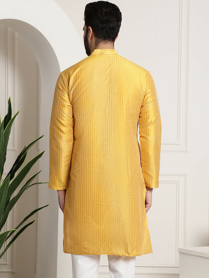 Mustard Yellow & Gold Striped Jacquard Silk Kurta for Men – Band Collar, Knee Length, Regular Fit | Indiaista