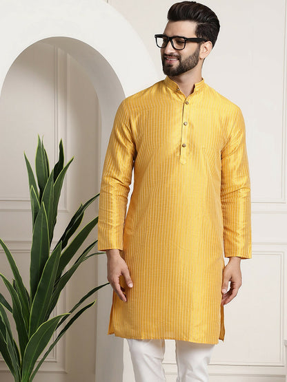 Mustard Yellow & Gold Striped Jacquard Silk Kurta for Men – Band Collar, Knee Length, Regular Fit | Indiaista