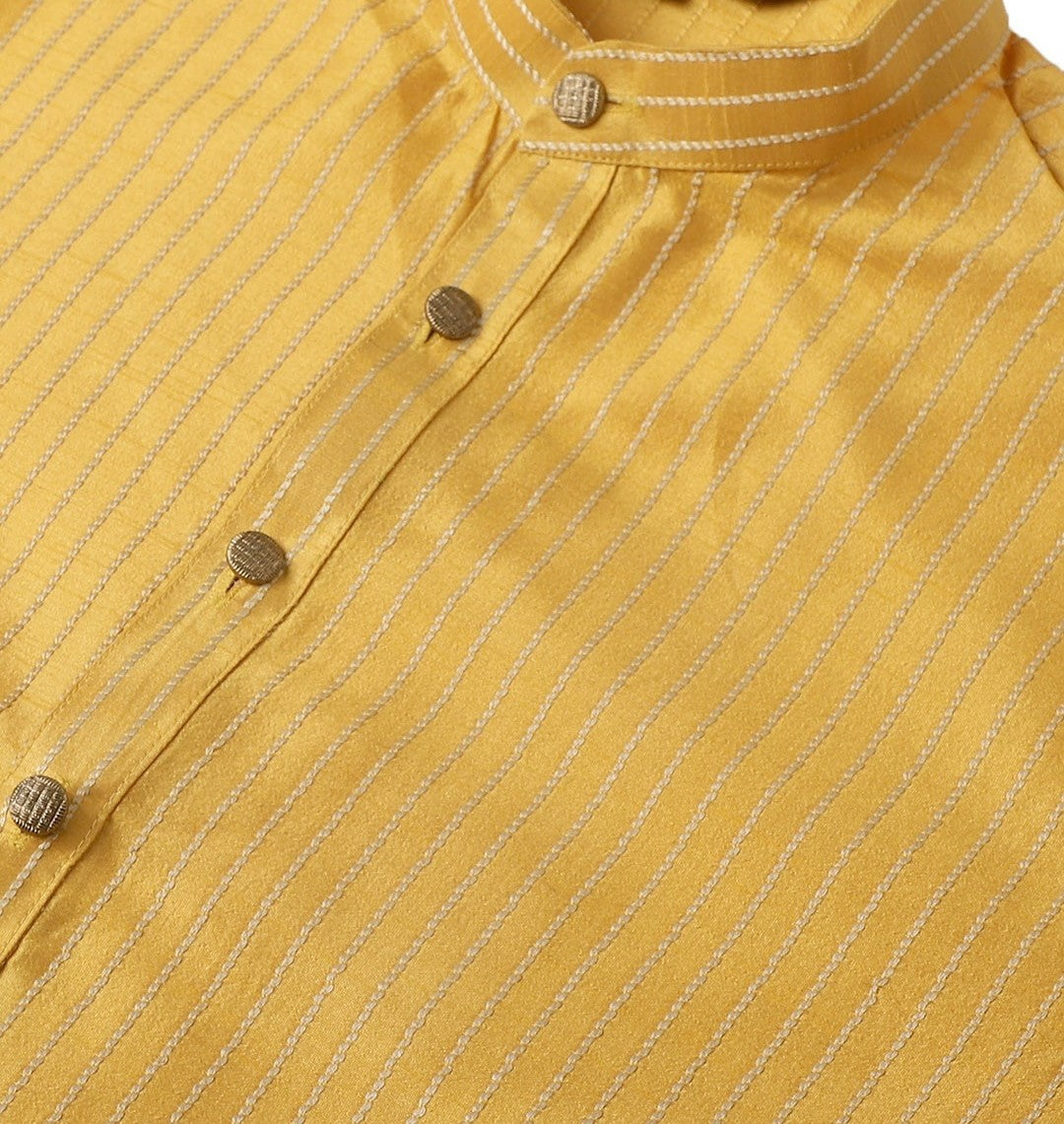 Mustard Yellow & Gold Striped Jacquard Silk Kurta for Men – Band Collar, Knee Length, Regular Fit | Indiaista