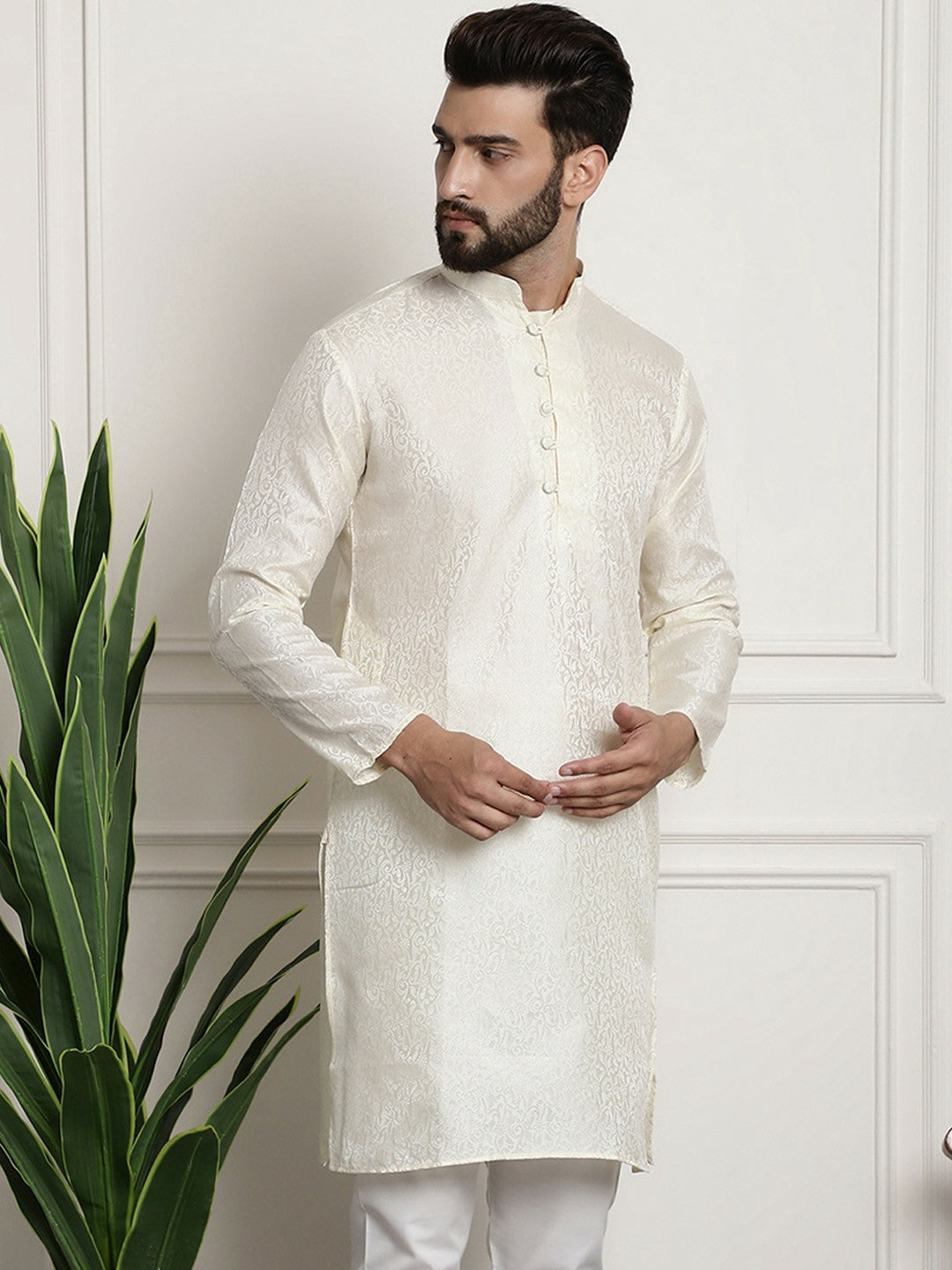 Off-White Men's Ethnic Kurta with Motifs – Mandarin Collar, Long Sleeves, Above Knee Length | Indiaista