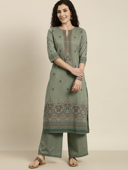 Women’s Green Ethnic Motifs Printed Cotton Kurta Set with Palazzos – A-Line, Calf Length | Indiaista