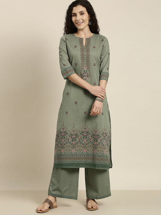 Women’s Green Ethnic Motifs Printed Cotton Kurta Set with Palazzos – A-Line, Calf Length | Indiaista