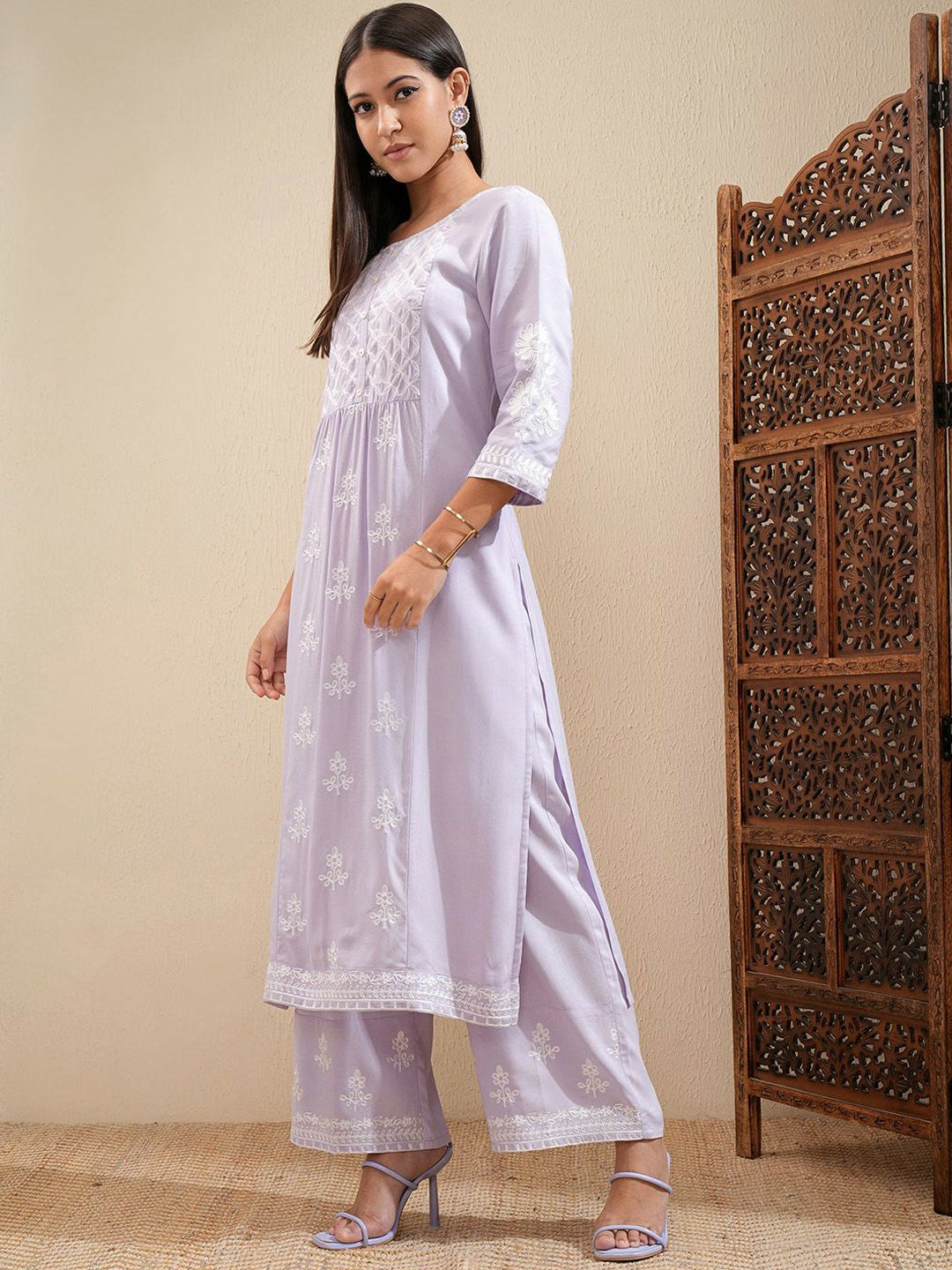 Lavender Floral Embroidered Kurta Set for Women – A-Line Kurta with Palazzos | Indiaista