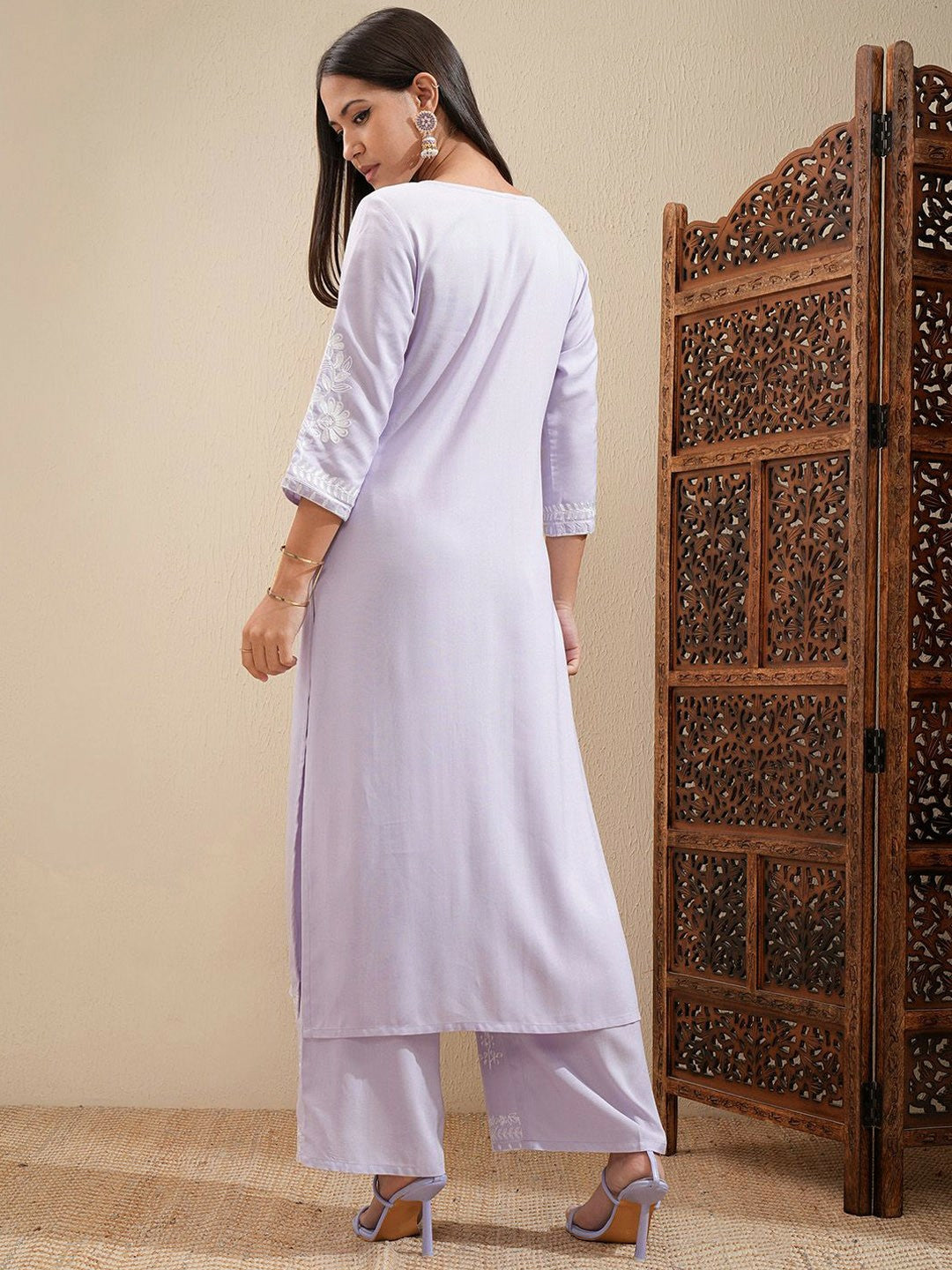 Lavender Floral Embroidered Kurta Set for Women – A-Line Kurta with Palazzos | Indiaista