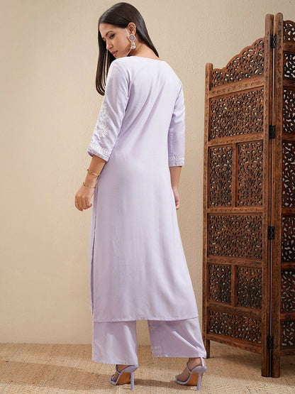 Lavender Floral Embroidered Kurta Set for Women – A-Line Kurta with Palazzos | Indiaista