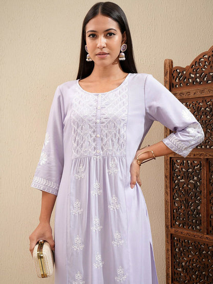 Lavender Floral Embroidered Kurta Set for Women – A-Line Kurta with Palazzos | Indiaista