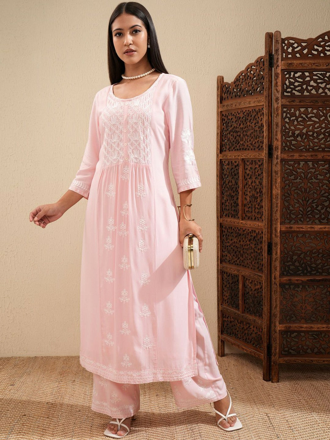 Pink & White Embroidered Kurta Set for Women – Ethnic Thread Work Kurta with Palazzos | Indiaista