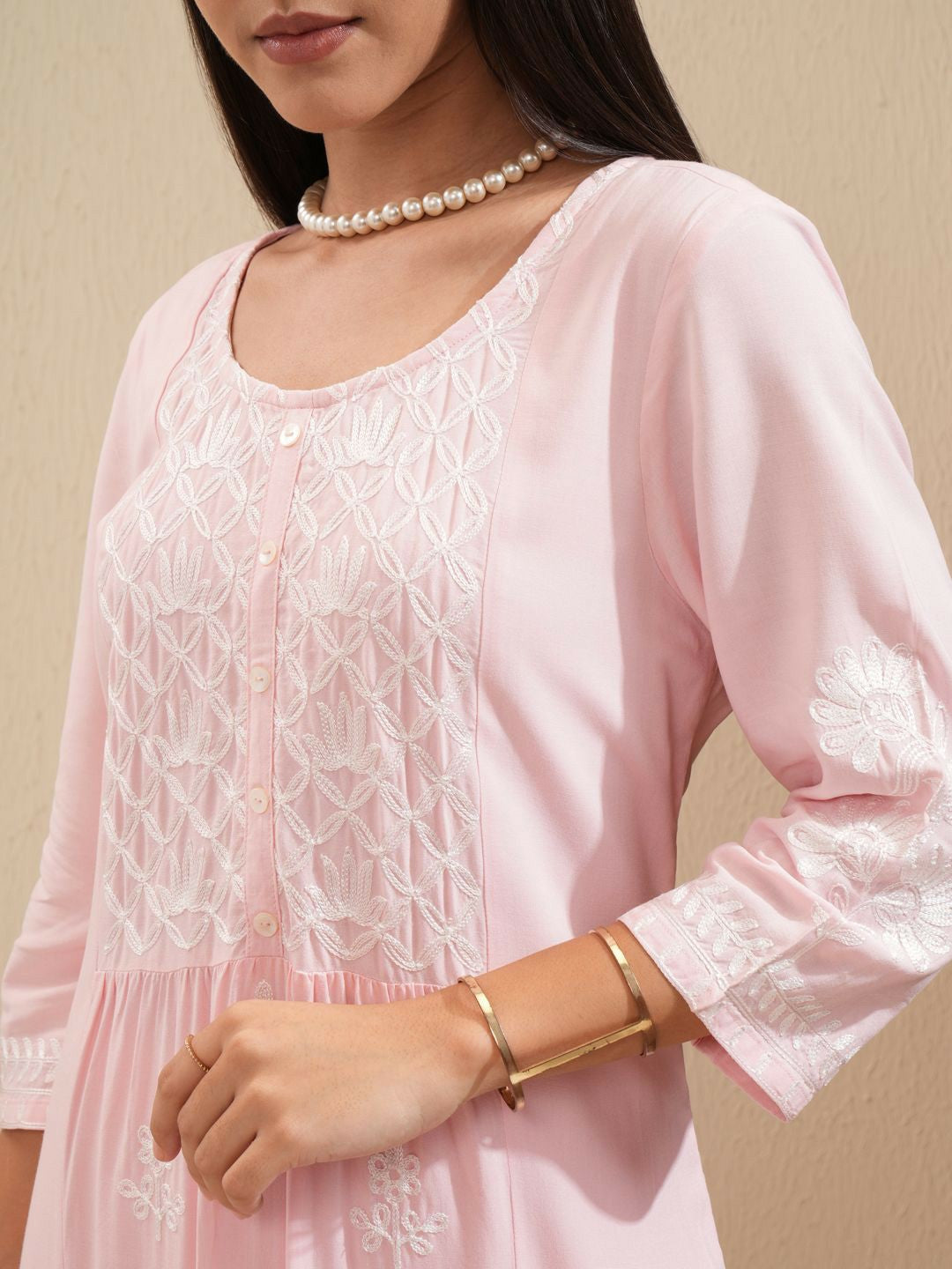 Pink & White Embroidered Kurta Set for Women – Ethnic Thread Work Kurta with Palazzos | Indiaista